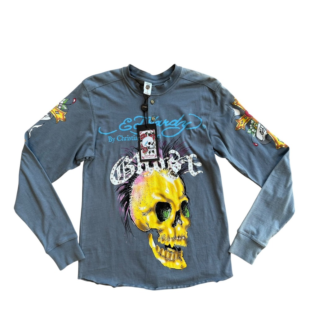Ed Hardy Christian Audigier Mens Gray Punk Skull Henley S Shirt A8CNBTZG NEW